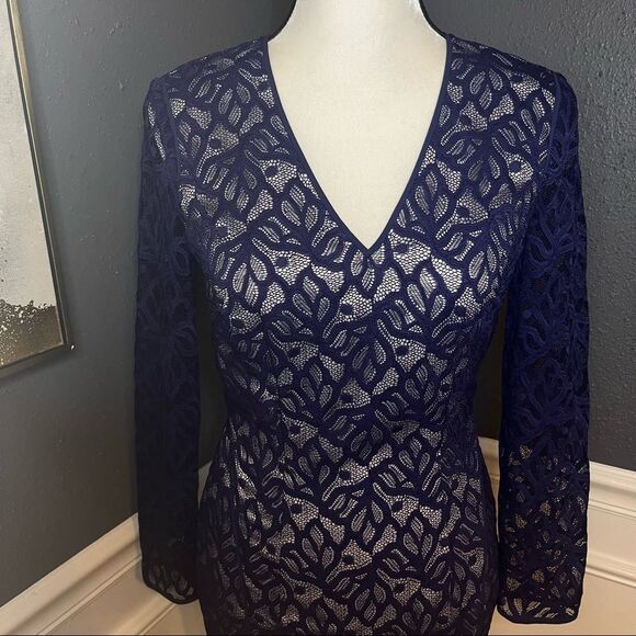 Reiss Fern Blue Lace Long Sleeve Sheath Dress - Picture 4 of 10